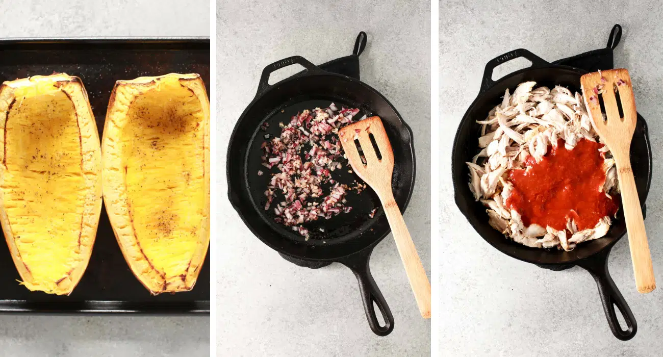 step by step instructional photos - roasting spaghetti squash and making the sauce