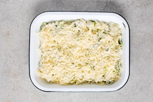 overhead view of Brussels sprouts in a baking casserole