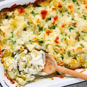 Close up of Brussels Sprouts Casserole Recipe.