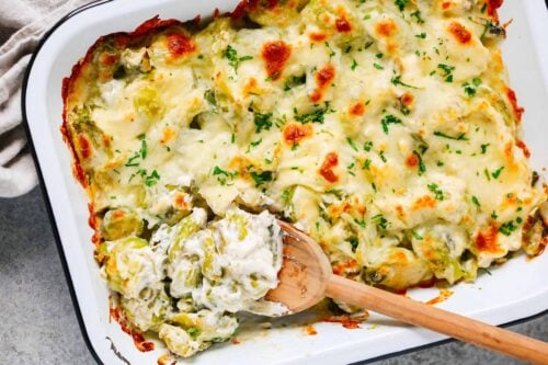 Close up of Brussels Sprouts Casserole Recipe.