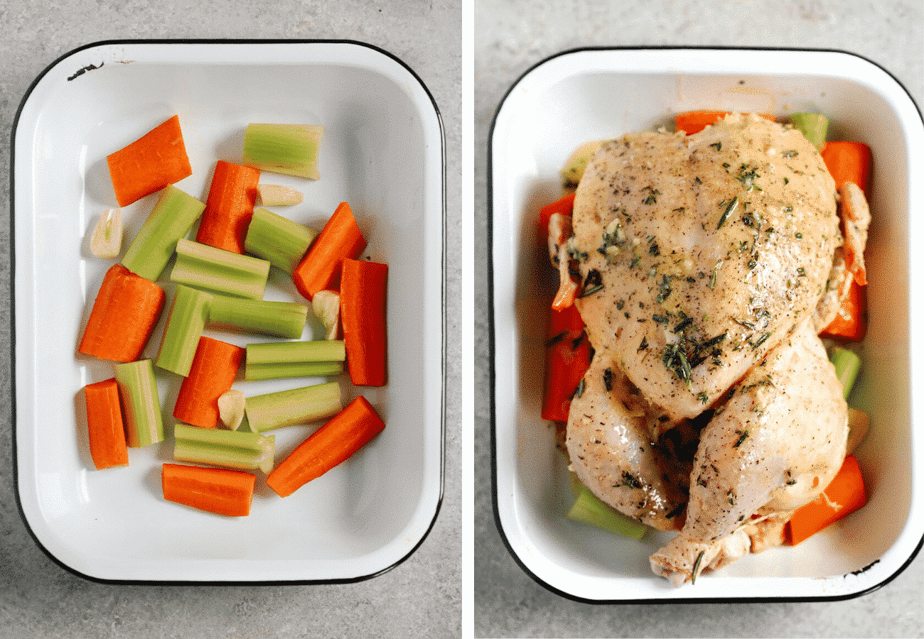 Two images with one showing how to put carrots and celery in a roasting pan and the other showing how to put the herb butter chicken on top.