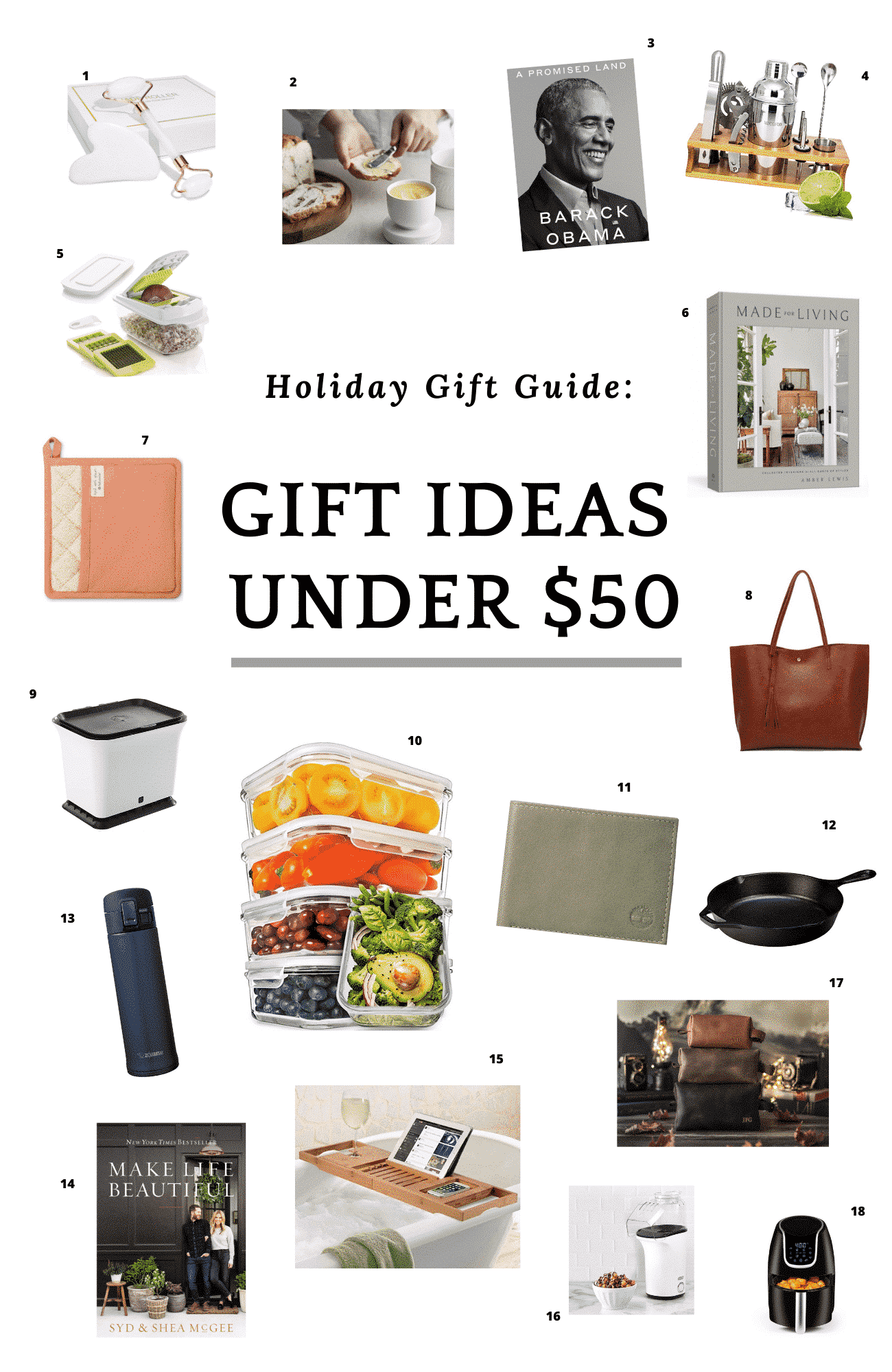 collage of photos with a text that says \"gift ideas under 50\"