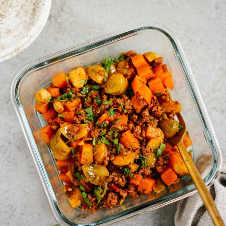 Overhead photo of Ground Beef Butternut Squash Meal Prep Bowls.