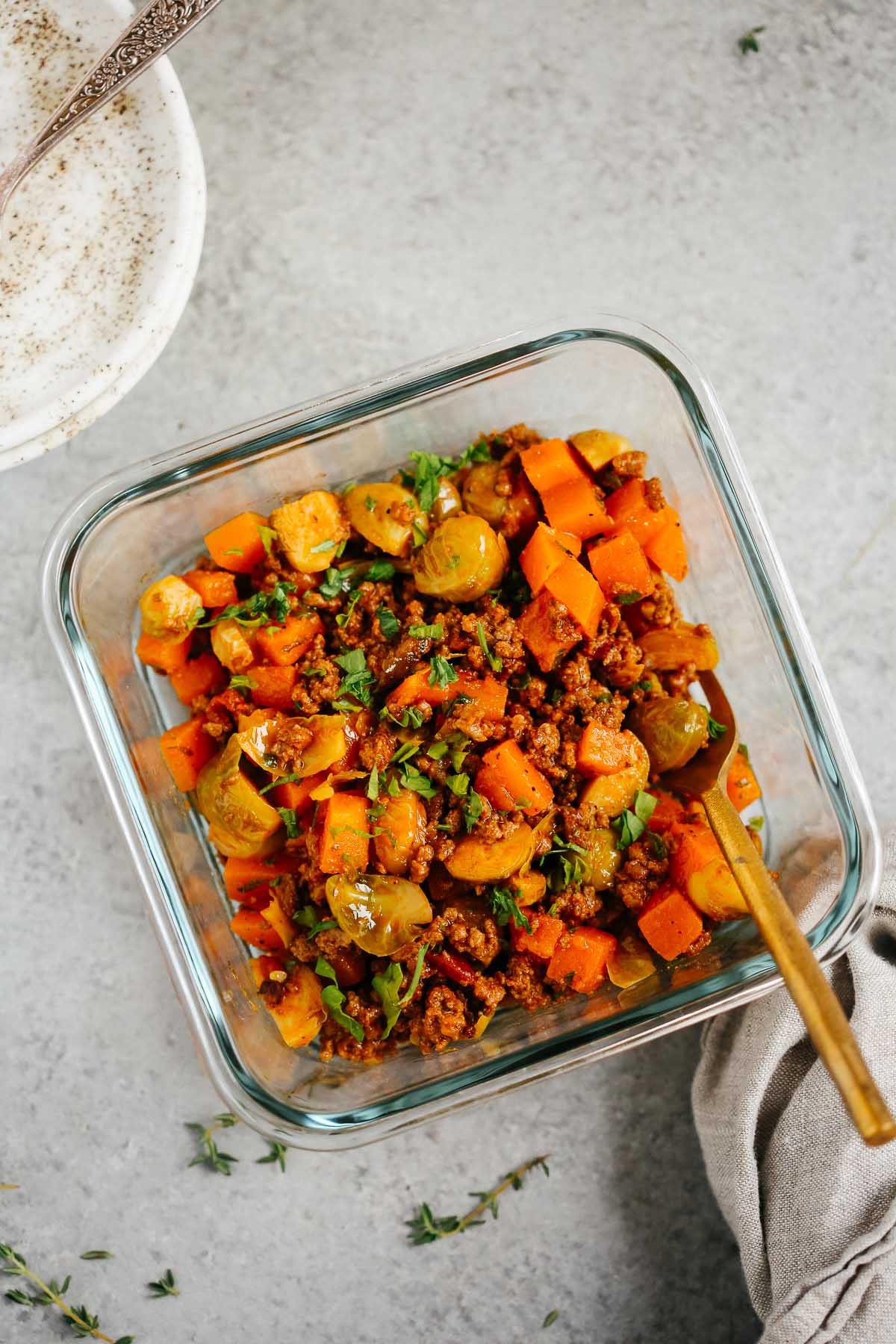 Overhead photo of Ground Beef Butternut Squash Meal Prep Bowls.