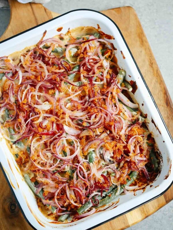 Overhead image of Healthier Green Bean Casserole Recipe inside of a baking pan.