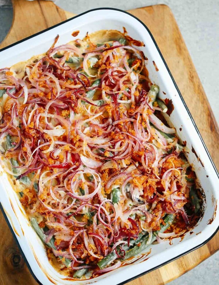 Overhead image of Healthier Green Bean Casserole Recipe inside of a baking pan.