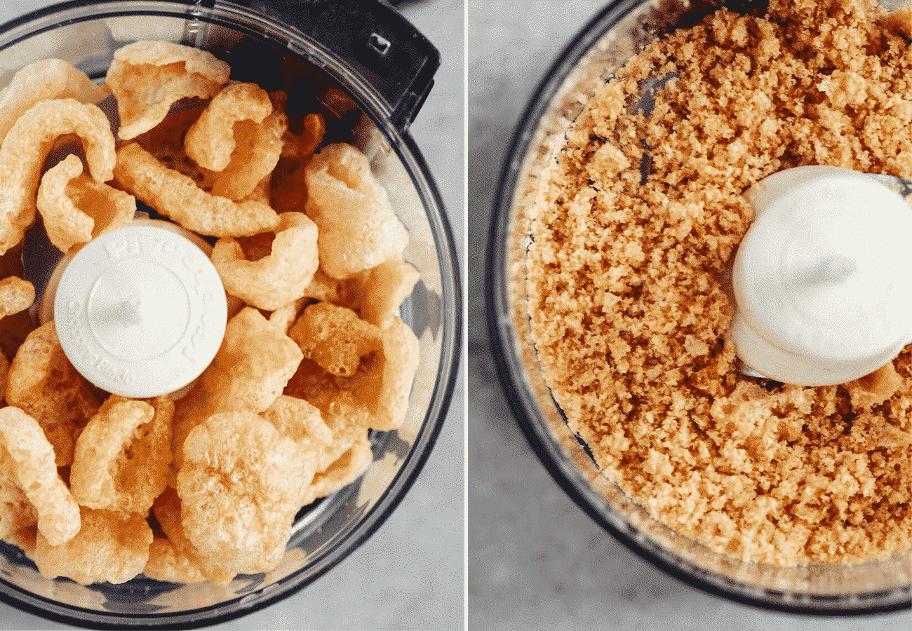 image showing how to use the food processor to make breadcrumbs with pork rinds. 