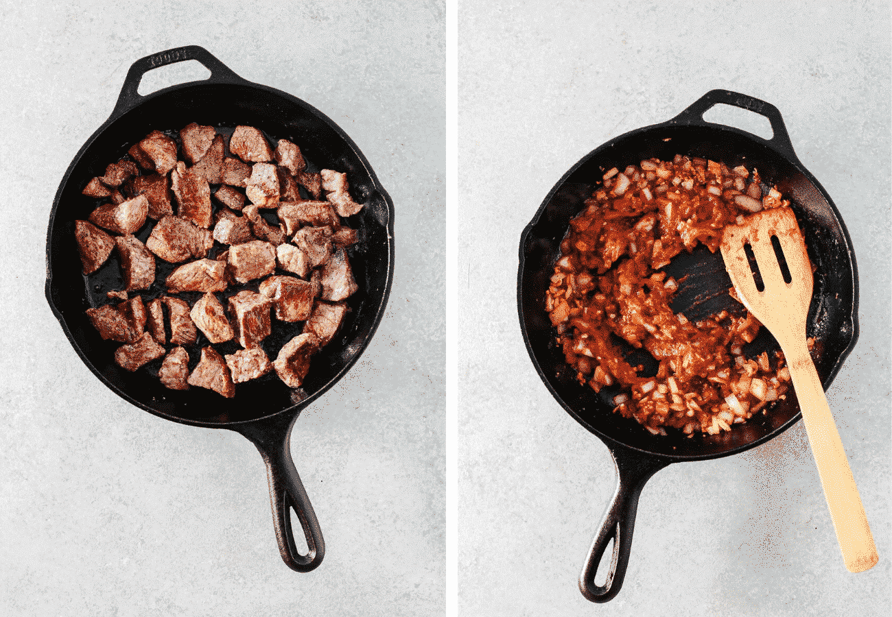 Instructional step by step photo of browning the beef for the stew and then sauting the ingredients.