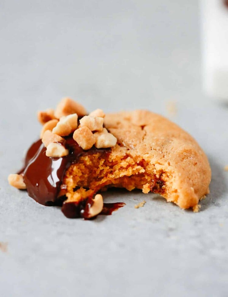 Close up of a cookie with a bite taken out of it.