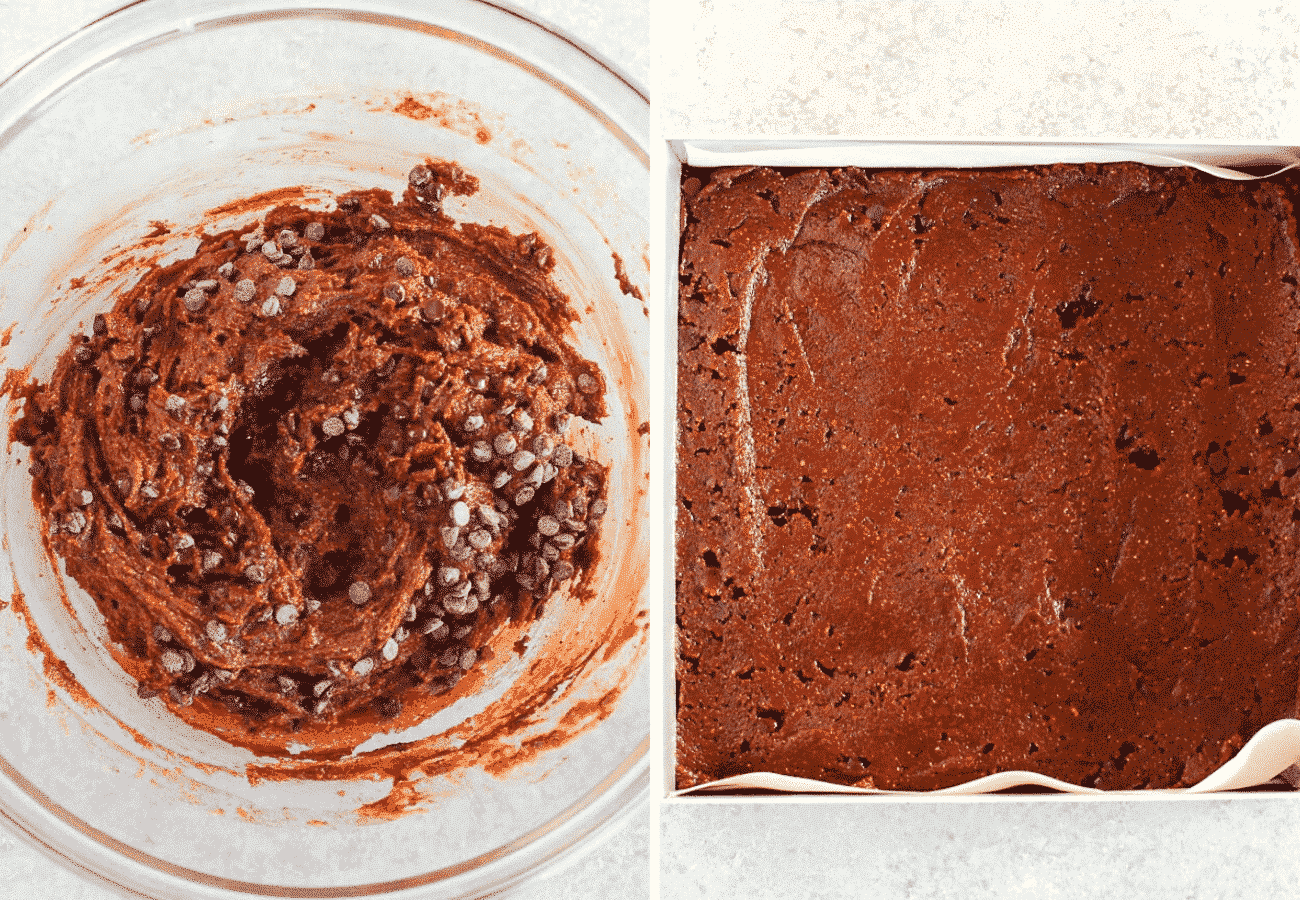 Step by step photo showing the batter having chocolate chips mixed in and added to a baking dish. 
