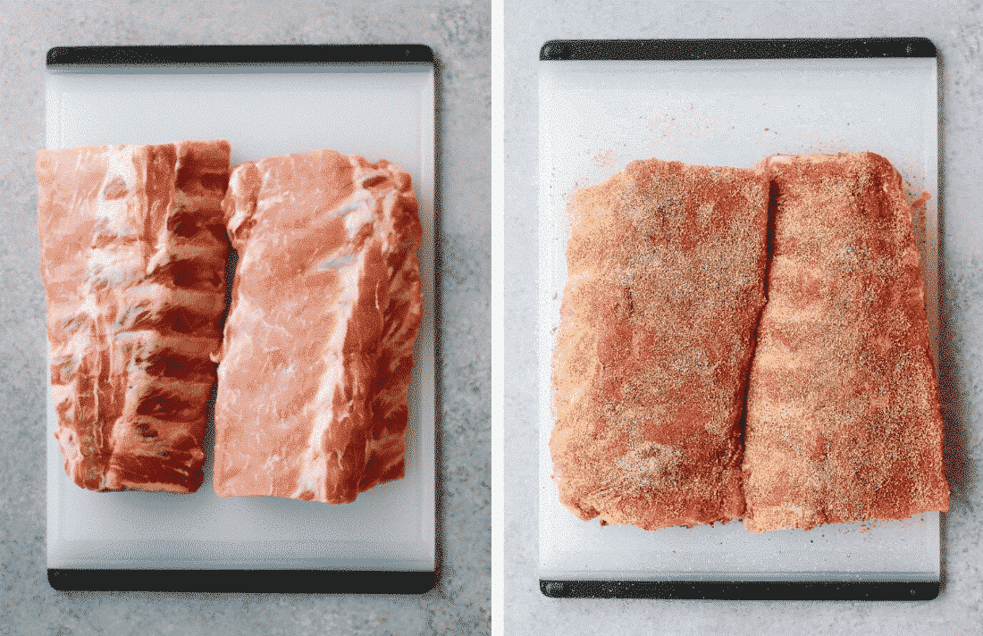 Set of two photos showing ribs before and after they've had dry rub added to them.