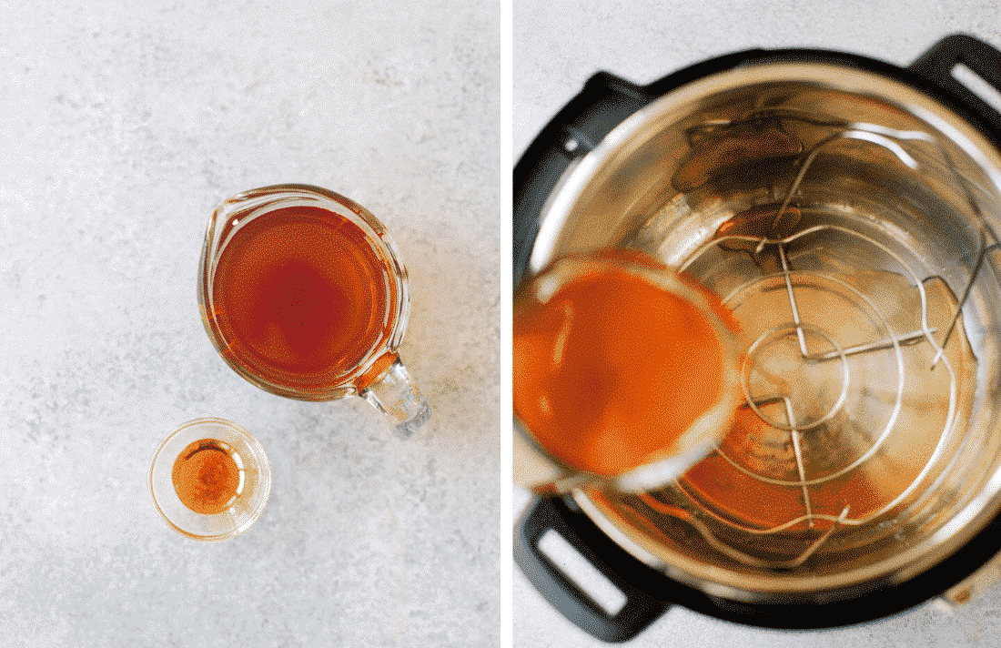 Set of two photos showing beef broth and liquid smoke and them being added to an Instant Pot.