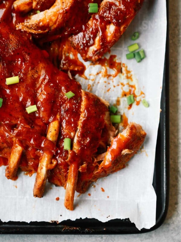 overhead view of ribs on a baking sheet