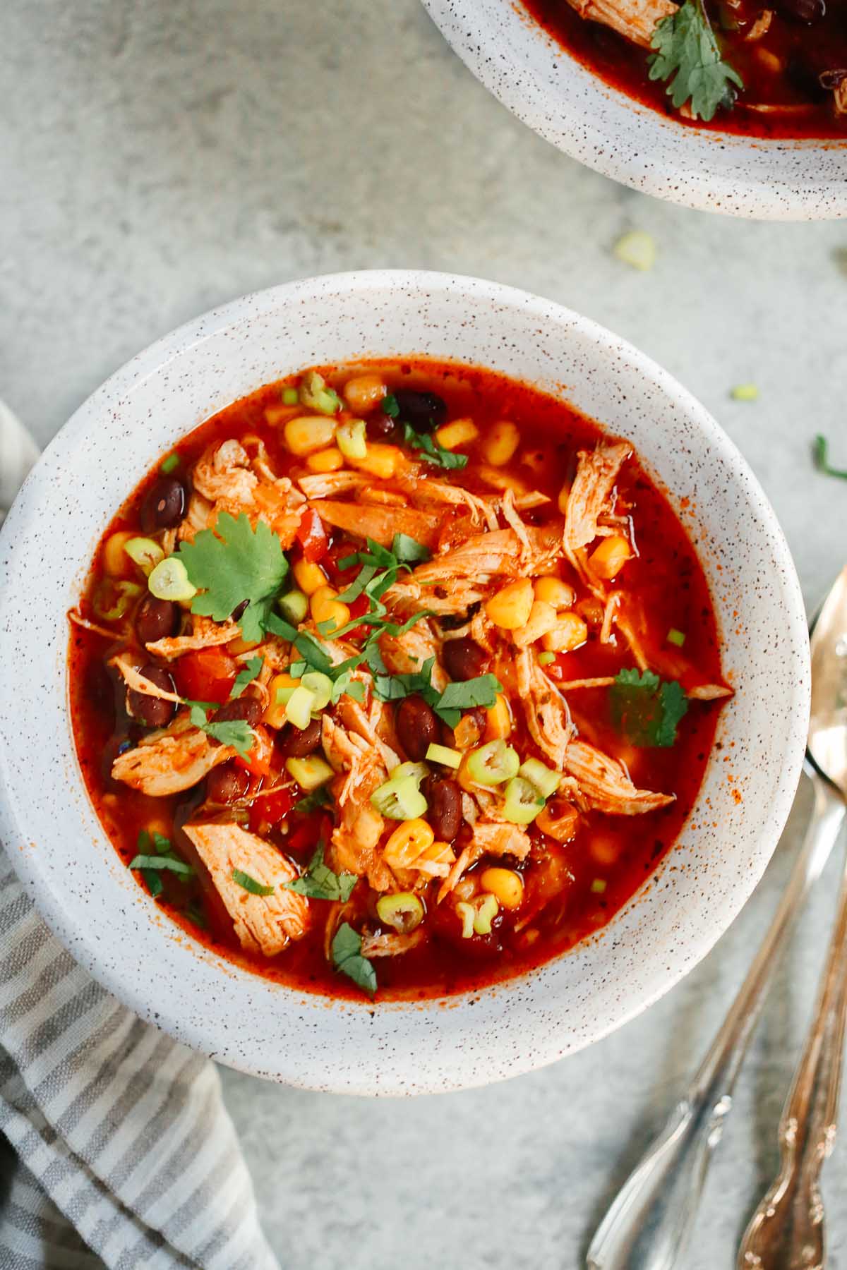 Overhead photo of a bowl of Instant Pot Southwest Chicken Soup.