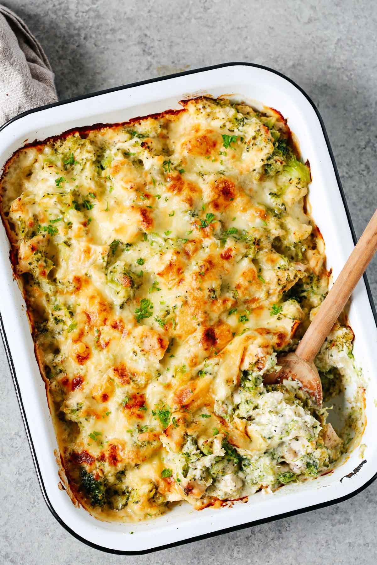 Low-carb Dinner Recipes: overhead view of broccoli and cauliflower casserole. 