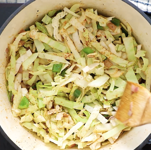 overhead view of a large pot containing cabbage