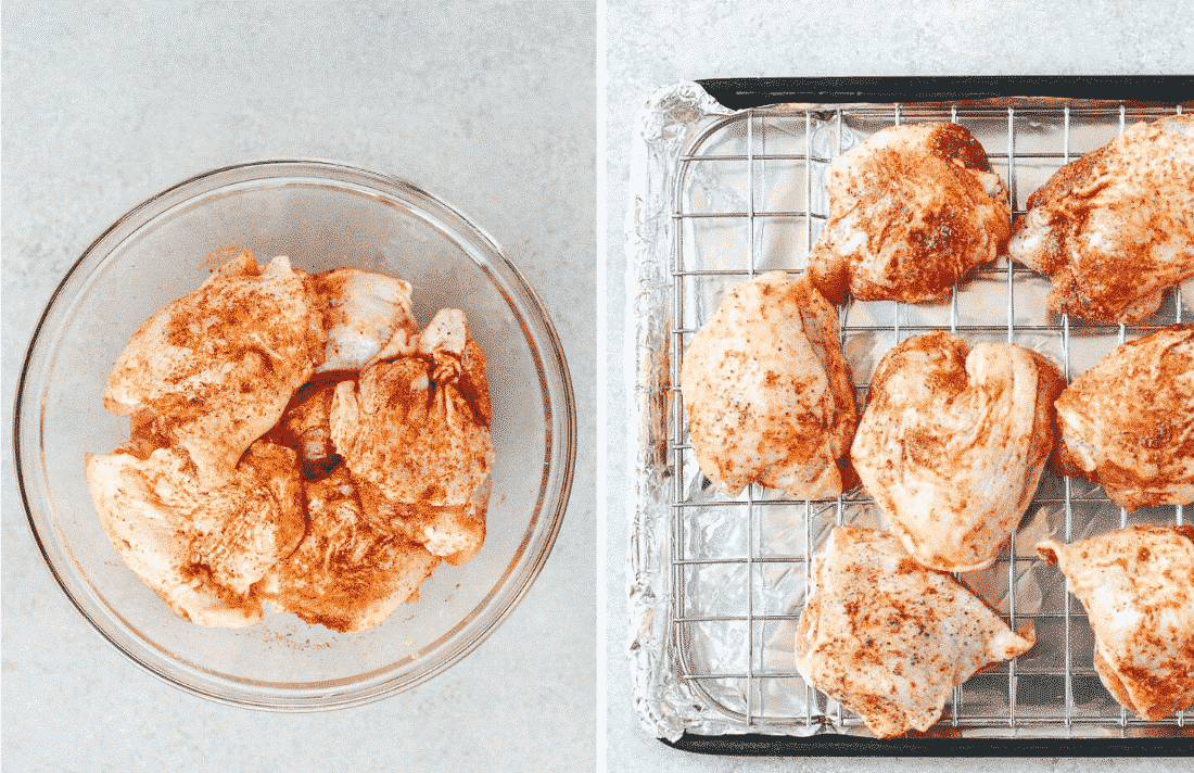 Set of two photos showing seasoned chicken thighs and then placed in a single layer on a rack.
