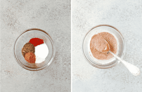 set of two photos showing spices in a small glass bowl