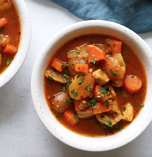 overhead view of instant pot chicken stew