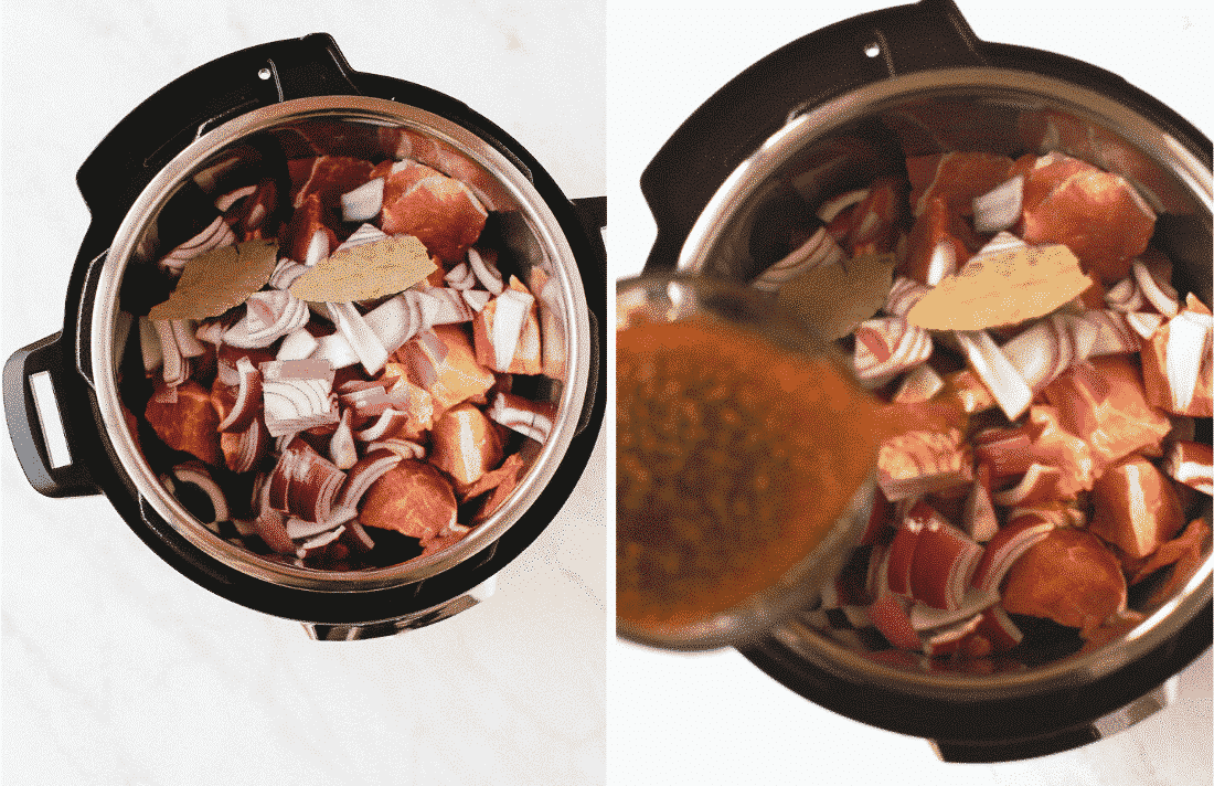 Set of two photos showing the pork, onions, garlic, and bay leaves into the Instant Pot and then adding in the seasoned broth.