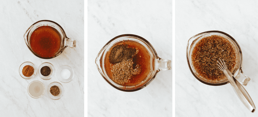 Set of three photos showing the seasoning and chicken stock being combined.