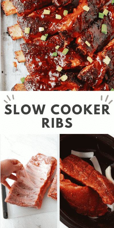 collage of ribs photos with a text that says \"slow cooker ribs\"