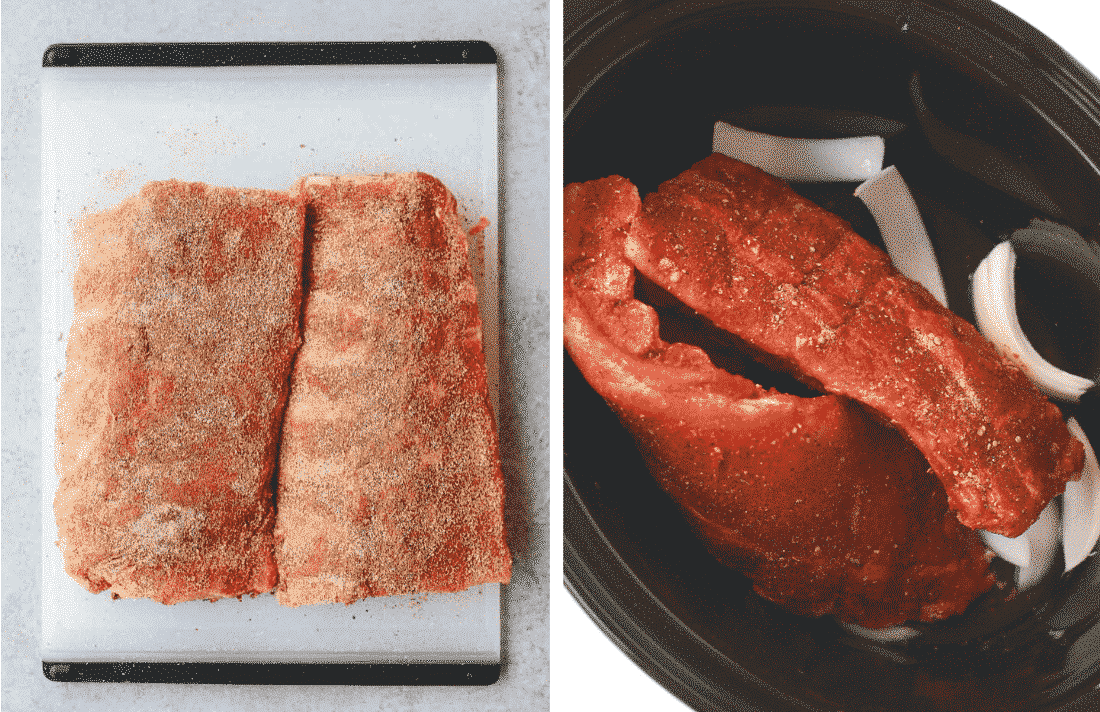 Set of two photos: raw ribs being covered in dry rub and then placed in a slow cooker with sliced onions.
