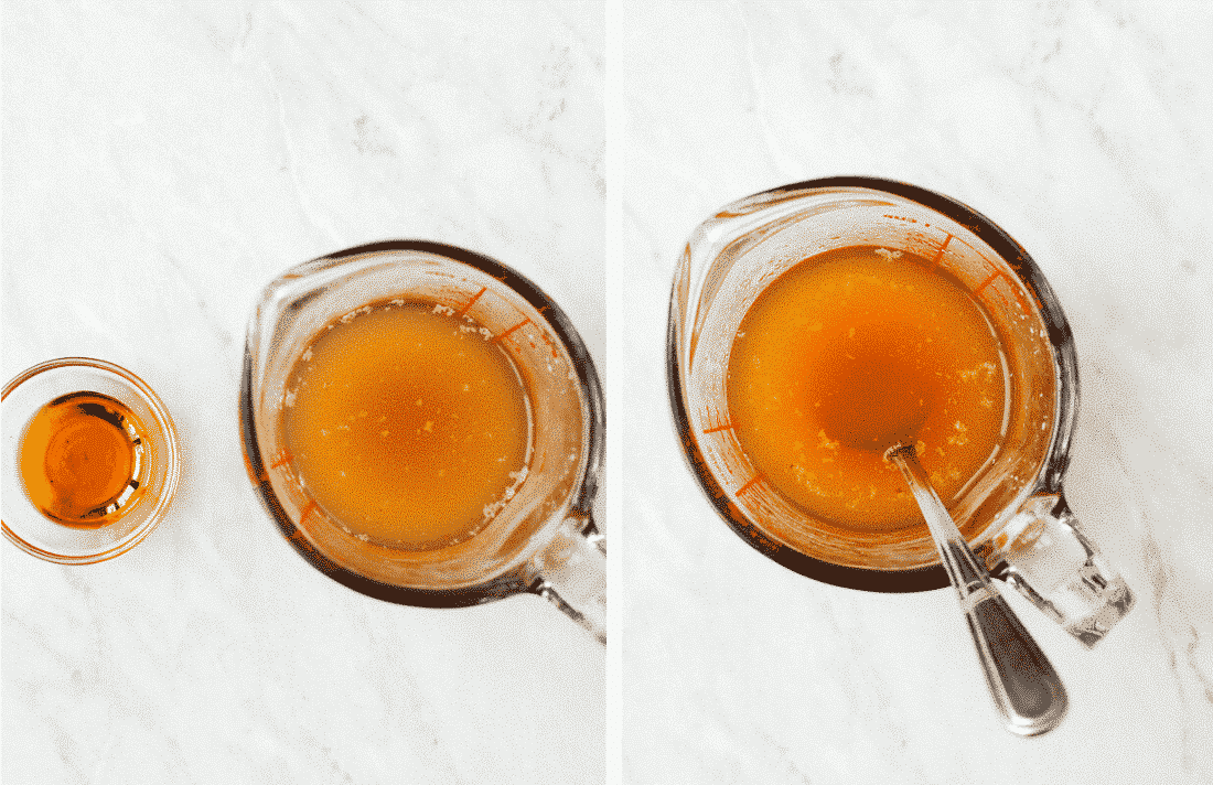 A set of two photos, one showing liquid smoke and a measuring cup of beef broth. The second photo showing the two mixed together.