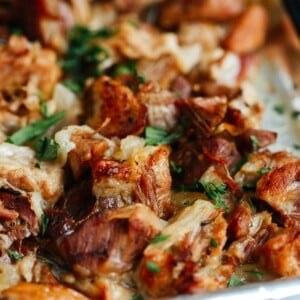 close up of carnitas on a baking sheet