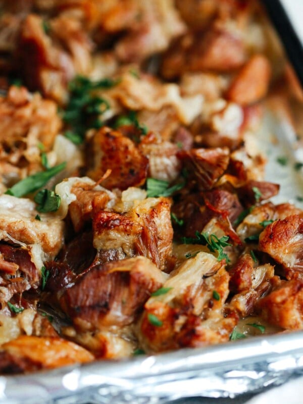 close up of carnitas on a baking sheet