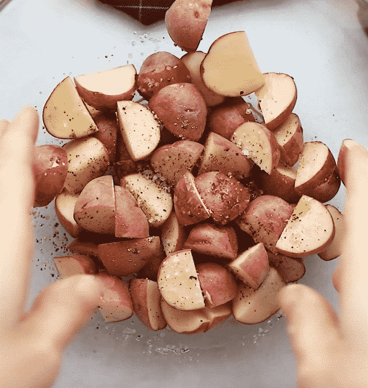 overhead view of chopped potatoes