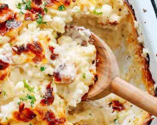 closeup cauliflower casserole in a casserole.