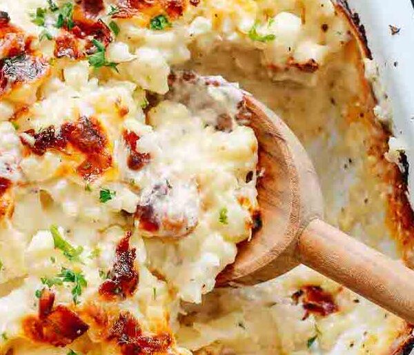 closeup cauliflower casserole in a casserole.