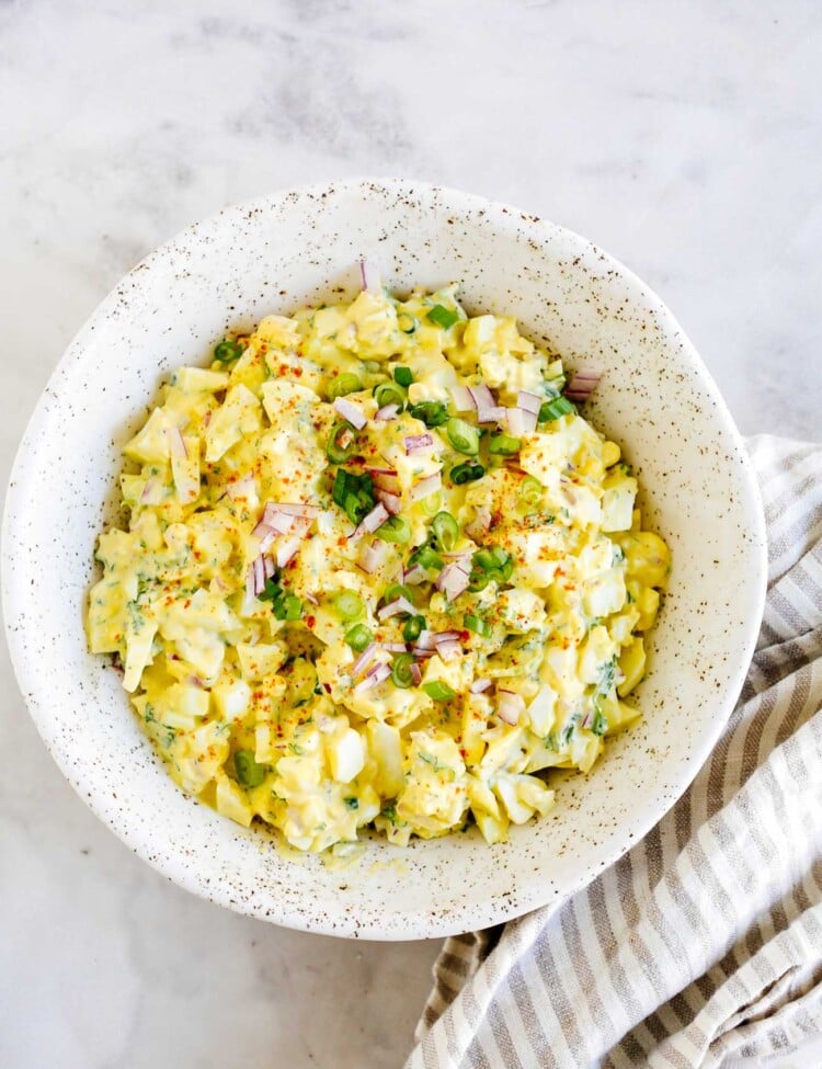 overhead view of a bowl of egg salad