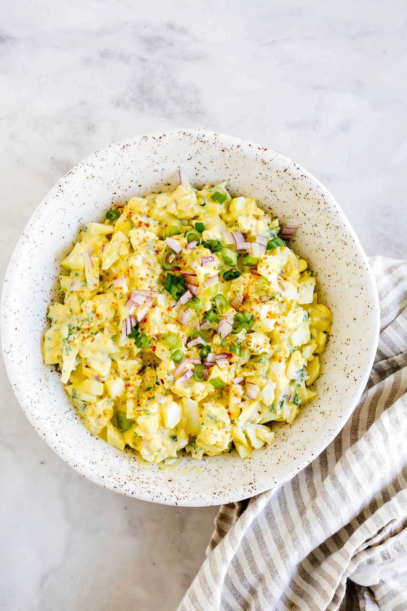 overhead view of a bowl of egg salad