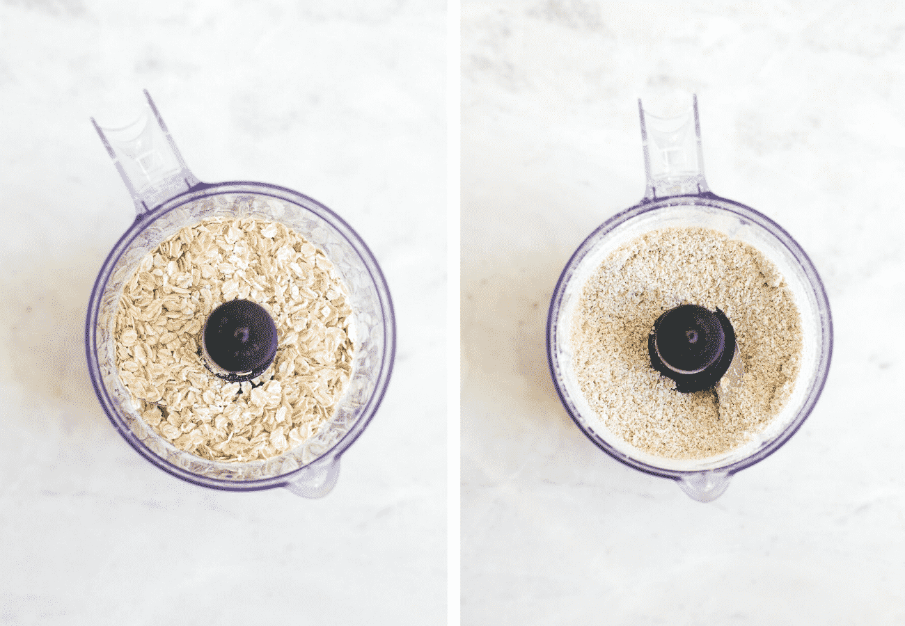 Set of two photos showing rolled oats turned into oat flour in a food processor.