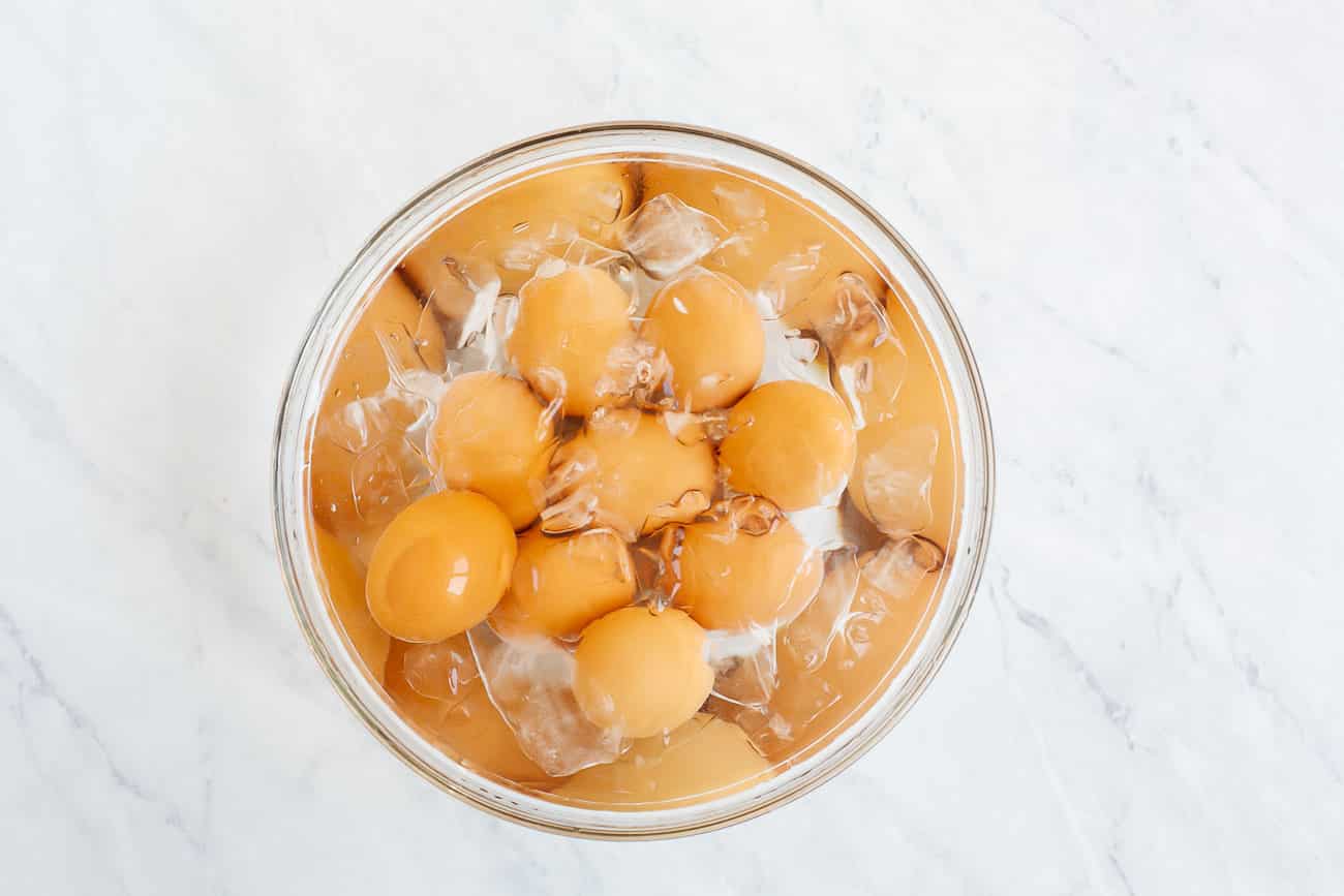 Hard boiled eggs in an ice bath.