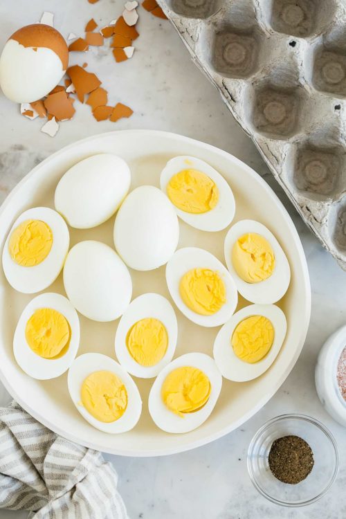 overhead view of a plate with hard boiled eggs