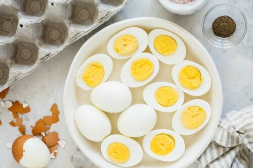overhead view of a plate with hard boiled eggs