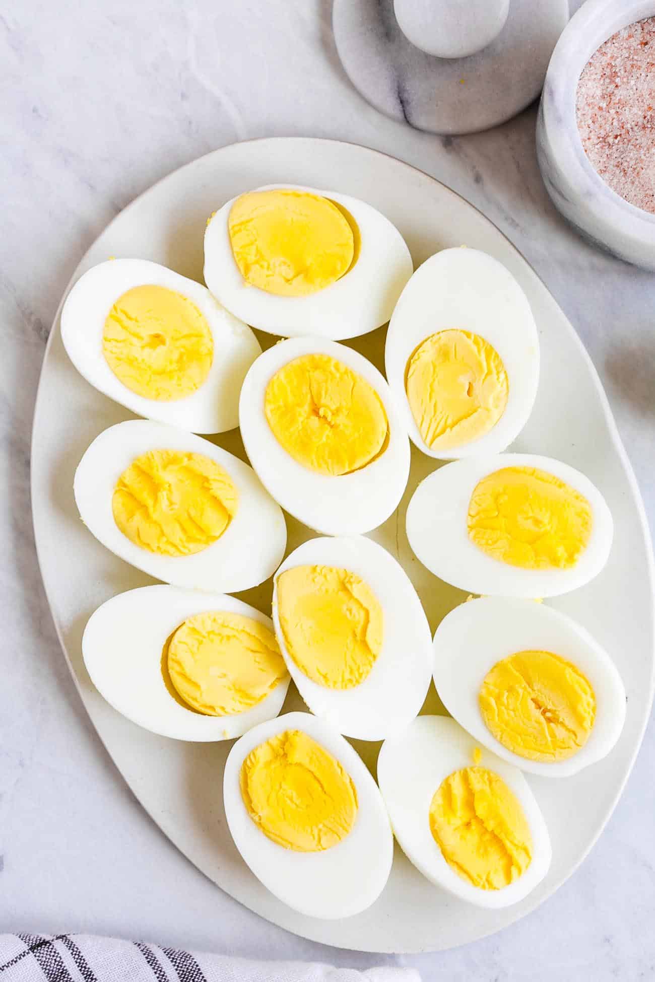 A platter of eggs cut in half.