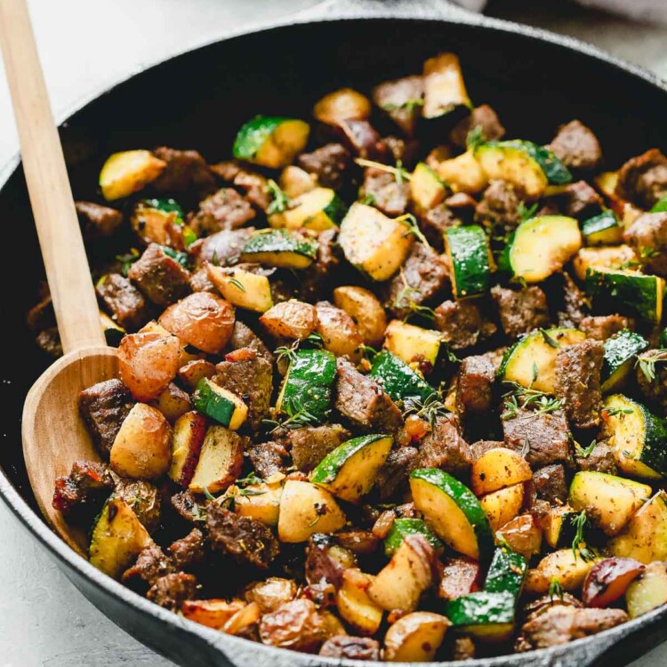 closeup of beef and zucchini skillet