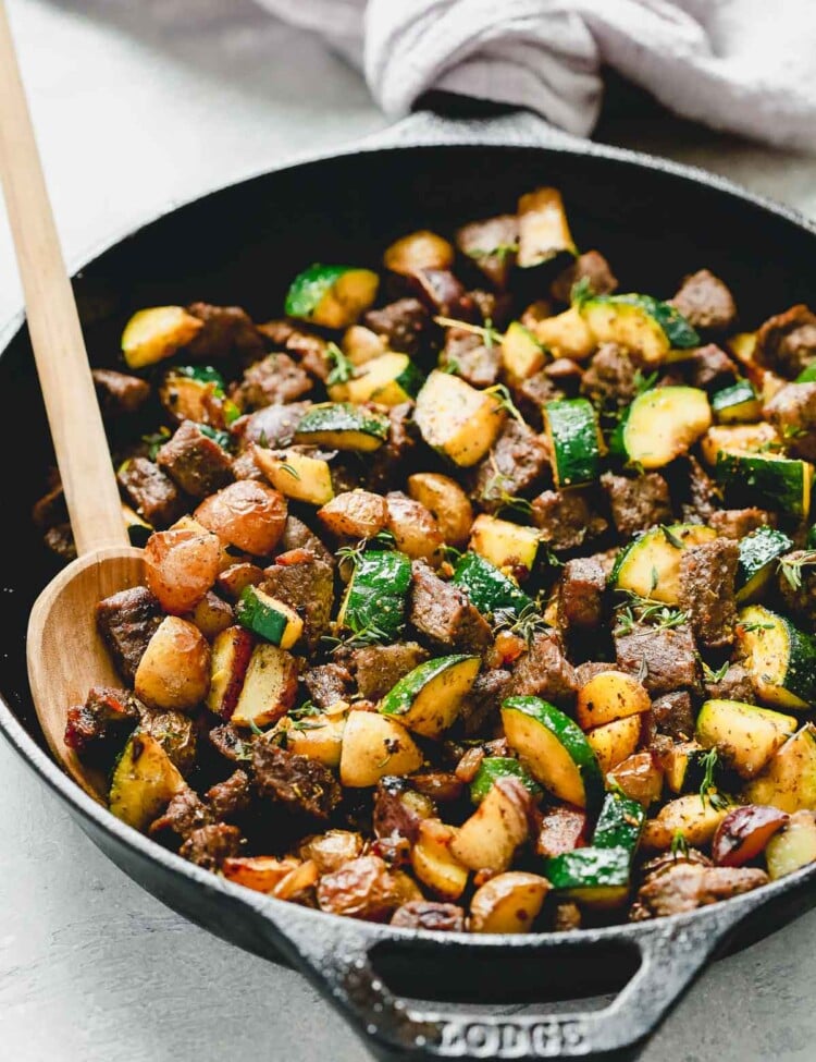 closeup of beef and zucchini skillet