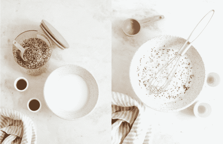 Set of two photos showing chia seeds mixed with coconut milk.