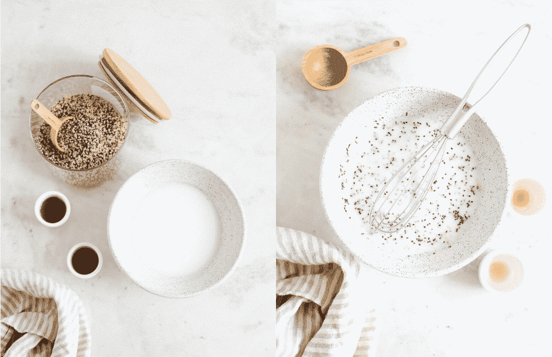 Set of two photos showing chia seeds mixed with coconut milk.