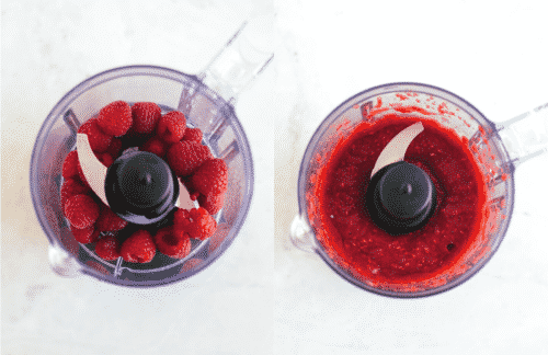 Set of two photos showing raspberries in a food processor being pureed.
