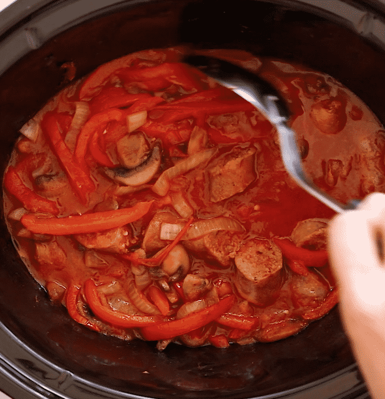 overhead view of Italian Sausage and Peppers