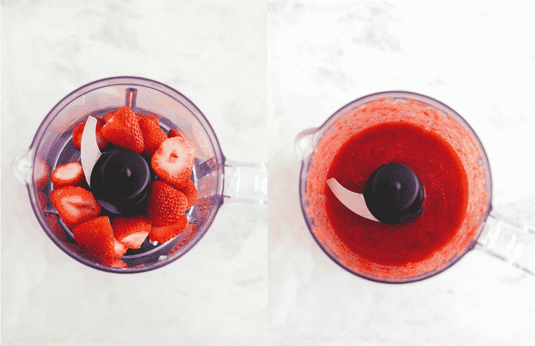 Set of two photos showing strawberries being pureed.