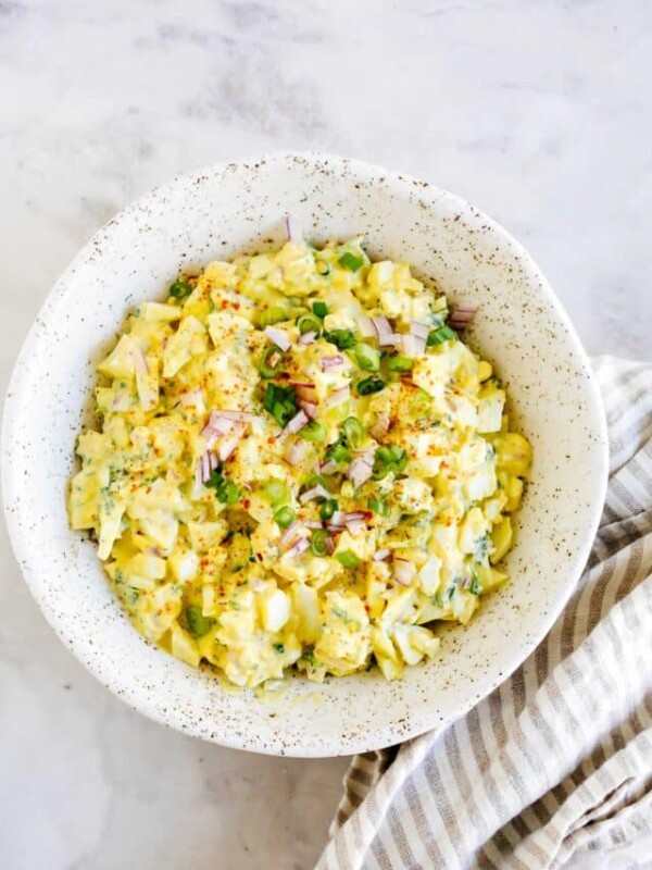 overhead view of a bowl of egg salad