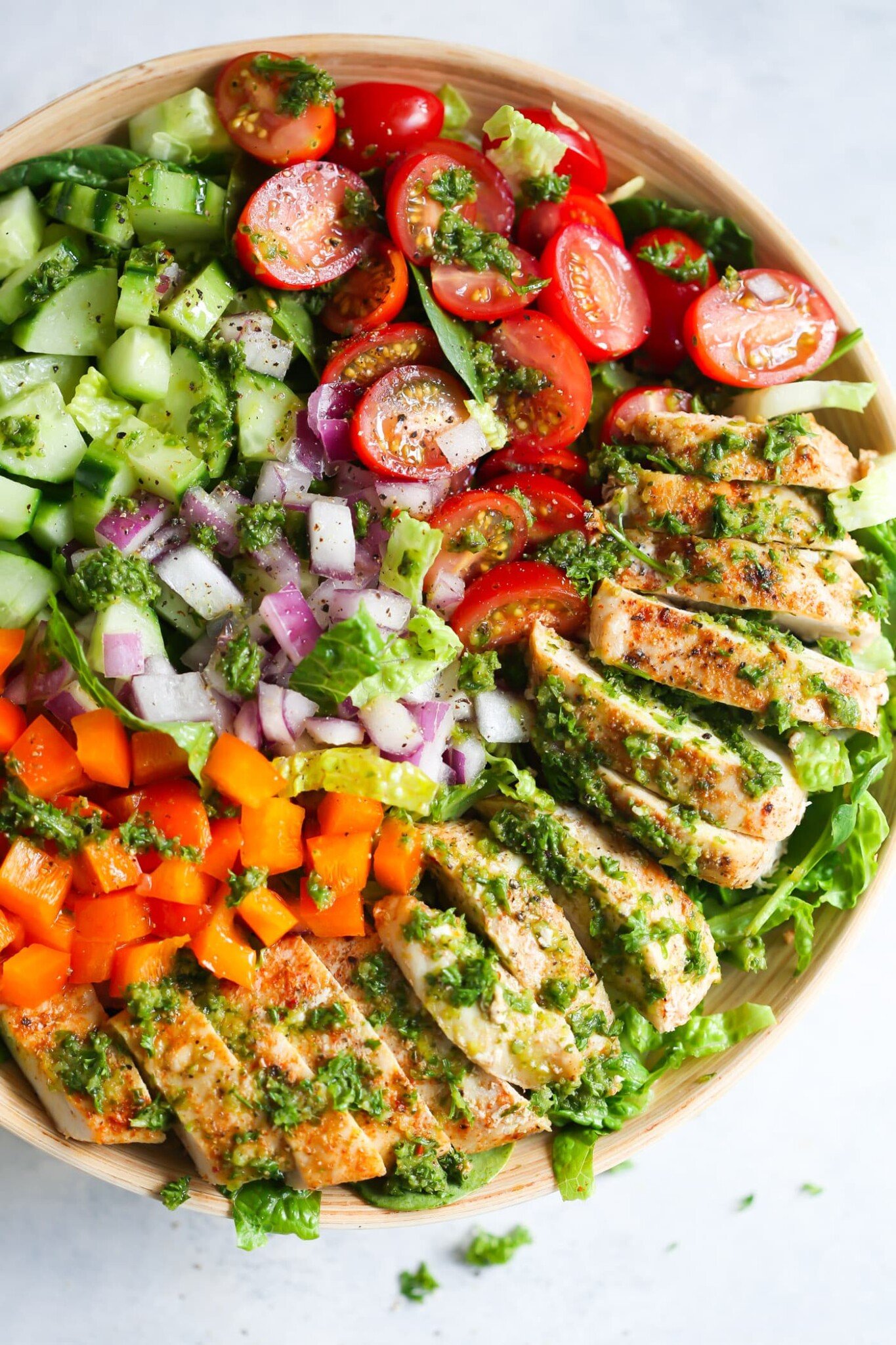 Chimichurri chicken chopped salad in a large bowl.