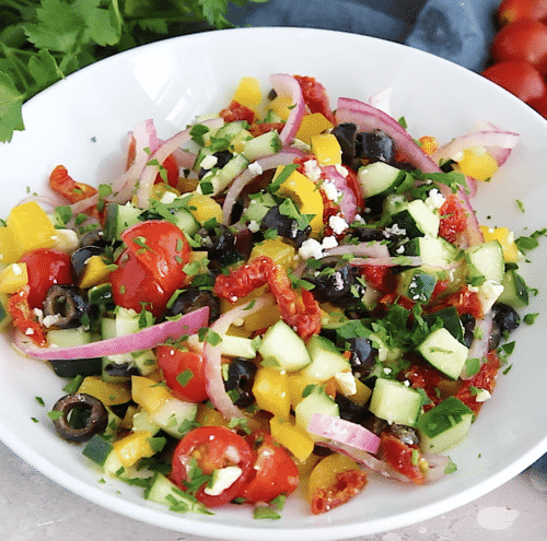 closeup of a bowl with mediterranean salad